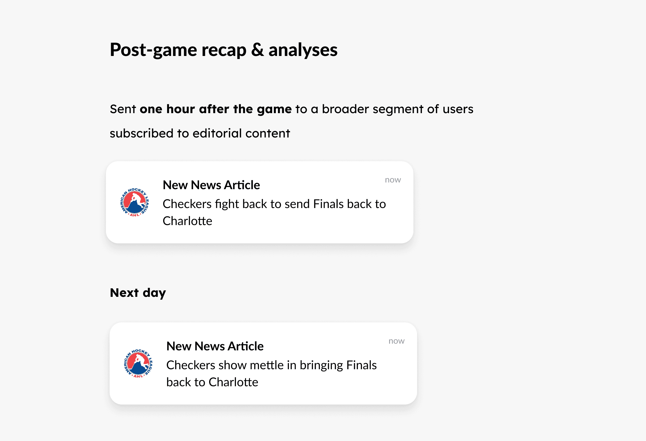 AHL hockey app push notifications - post-game recap & analyses